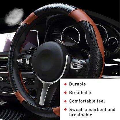 povtii Car Steering Wheel Cover, 15 Inch Leather Breathable Auto Steering Wheel Protector, Comfortable Non-Slip Vehicle Steering Wheel Covers, Universal Car Accessories (Coffee, with Lining)