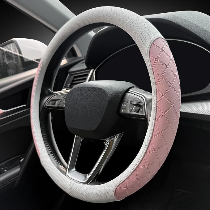 LKWLIKEI Nappa Leather Steering Wheel Cover,Elegant Diamond Checkered Design, Non-Slip wear-Resistant, Enhance Driving Comfort, Suitable for Steering Wheel Diameter 14 1/2‘-15’ Models.White and Pink