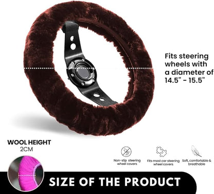 Andalus Brands Luxury Fluffy Car Steering Wheel Covers – Genuine Merino Sheepskin, Soft Fuzzy Car Steering Wheel Cover for Women, Universal 14.5-15" Size, Plush Fur Cute Auto Accessories, Saddle Brown