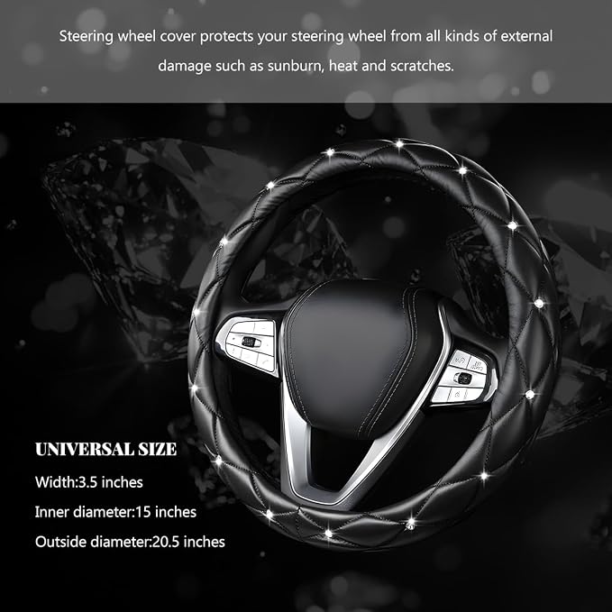 Bling Car Steering Wheel Cover, 15 Inch Diamond Leather Anti-Slip Auto Steering Wheel Protector, Cute Sparkly Rhinestones Wheels Cover Automotive Decoration for Women Girl (Black)