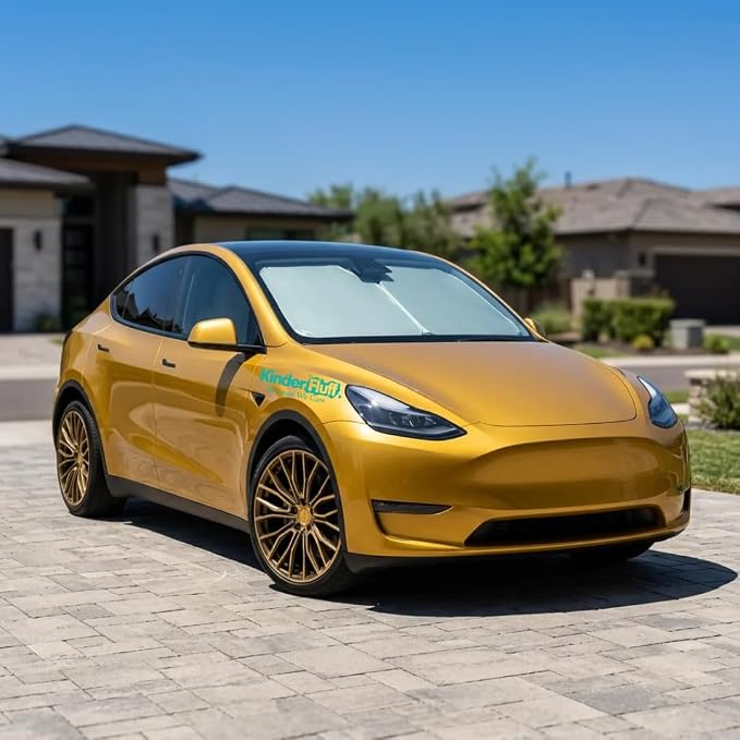 Windshield Sun Shade Compatible for Tesla Model 3/Y | Certified 99.87% UVB & 99.02% UVA Car Sun Shade. Award Winning Sunshade - Patented Technology | Car Shades by Kinder Fluff