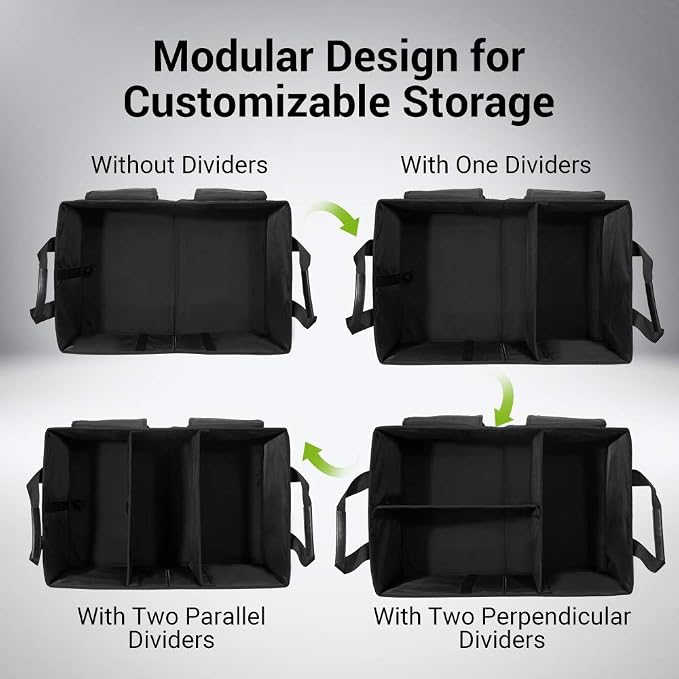 MIU COLOR Car Trunk Organizer with Lid, Collapsible Car Storage Organizer with Reinforced Leather Handles, Non-Slip Bottom, Trunk Organizer for SUV, Van, Jeep (Black with Strap, Extra Large)
