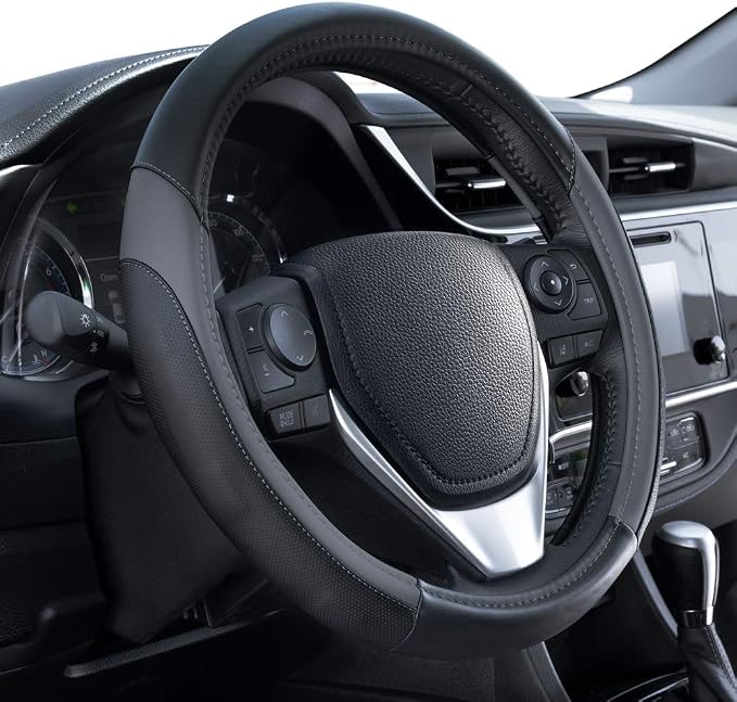 Motor Trend SportDrive Faux Leather Steering Wheel Cover, Standard 15 inch Size, Two-Tone Black & Dark Gray, Car Steering Wheel Cover for Truck Van SUV Auto
