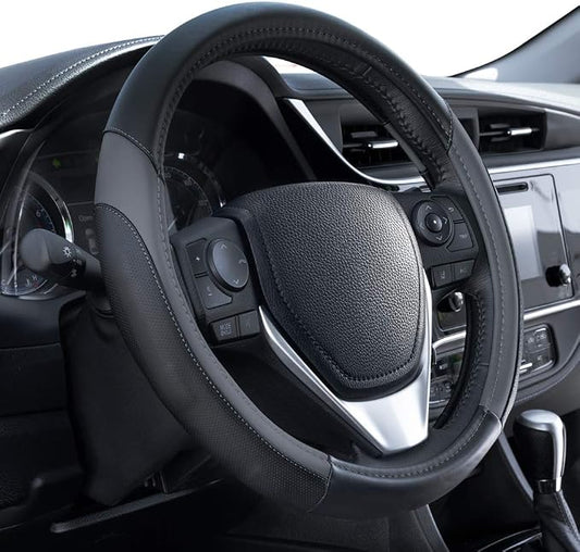 Motor Trend SportDrive Faux Leather Steering Wheel Cover, Standard 15 inch Size, Two-Tone Black & Dark Gray, Car Steering Wheel Cover for Truck Van SUV Auto