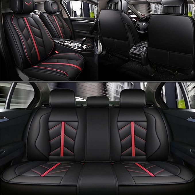 otoez Car Seat Covers Full Set Luxury Leather Automotive Interior Seat Covers, Waterproof Non-Slip Front & Rear Seat Cushion Protector Universal Fit Most Car Sedan Truck SUV (Black, with Pillows)