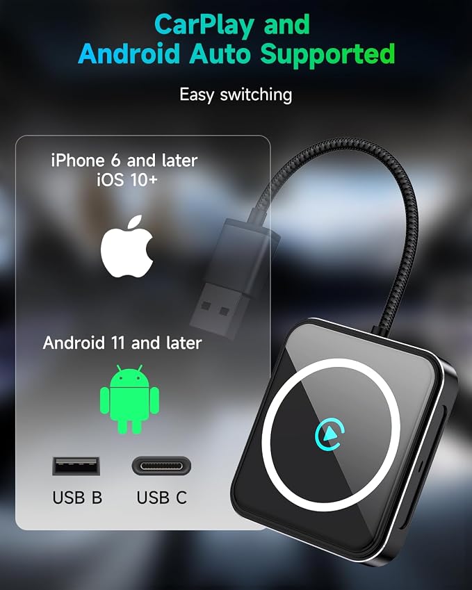 Wireless CarPlay Adapter for iPhone & Android, 2-in-1 Apple CarPlay Wireless Adapter, Plug & Play, Low Latency, USB-A/C, Converts Wired to Wireless CarPlay (iOS 10+, Android 11+)
