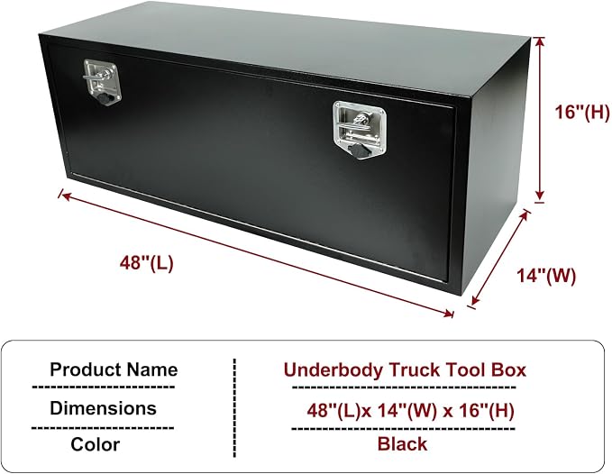 48 Inch Underbody Truck Tool Box Steel Storage Tool Box For Truck Under Bed Pickup RV Trailer, Waterproof Black Steel Box with Lock and Keys, 48"x 14"x 16" inch