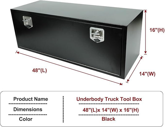 48 Inch Underbody Truck Tool Box Steel Storage Tool Box For Truck Under Bed Pickup RV Trailer, Waterproof Black Steel Box with Lock and Keys, 48"x 14"x 16" inch