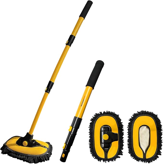 YeewayVeh Car Wash Brush with Long Handle, Microfiber Car Wash Mop with Replaceable Chenille Brush Head, Soft Cleaning Brush with 15° Curved Extension Pole Car Wash Kit for RV Truck Camper, Yellow