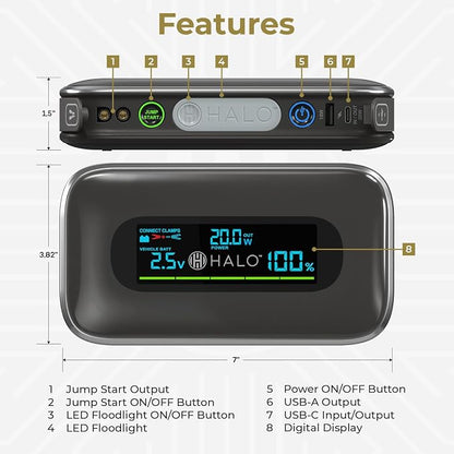 Halo Bolt 1500A Car Battery Jump Starter with Large Digital Screen, Portable 12V Lithium Battery Jump Starter, Portable Power Bank, 3-Mode LED Flashlight, Safe & Simple Design, TSA Approved - Green