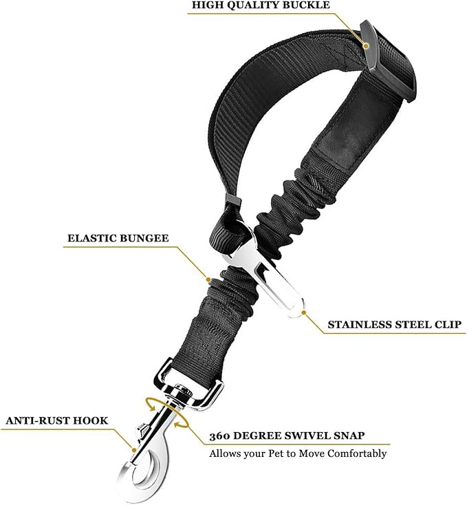 SunGrow Elastic Nylon Dog Seat Belt, 24” - 36”, Adjustable Black Harness, Elastic Tether with Metal Buckles, 2 Pcs per Pack