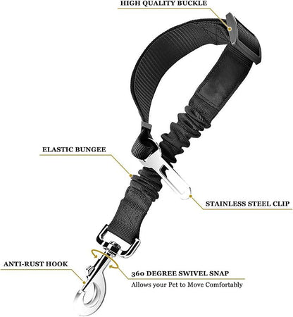 SunGrow Elastic Nylon Dog Seat Belt, 24” - 36”, Adjustable Black Harness, Elastic Tether with Metal Buckles, 2 Pcs per Pack