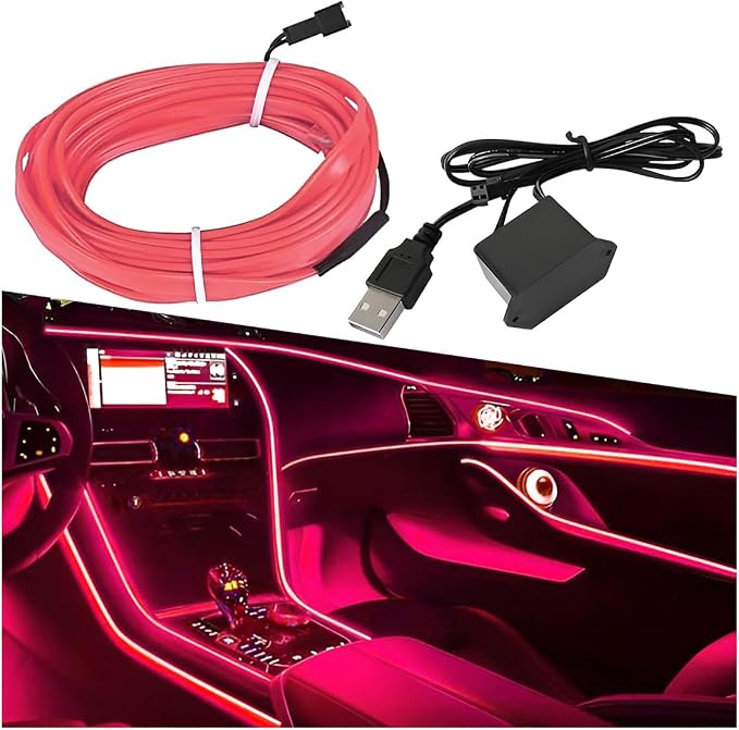 ZIMISI EL Wire Car Interior LED Strip Lights, 5V 16FT Neon Light Strip with Sewing Edge, USB Electroluminescent Car Interior Lights with Fuse Protection, Vehicle Ambient Lighting Decorations (Pink)