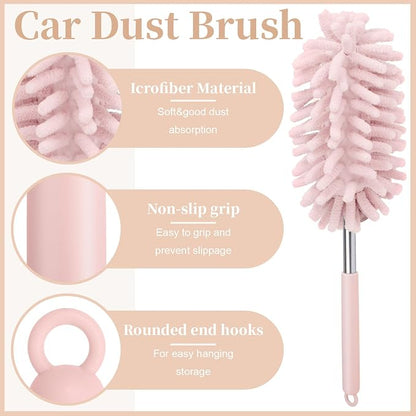 2 PCS Car Interior Duster with Extension Pole, Microfiber Car Duster with Bendable Head, Car Accessories Dusters Exterior&Interior Scratch Free, for Cleaning of Vehicle Details, Offices, Windows(Pink)