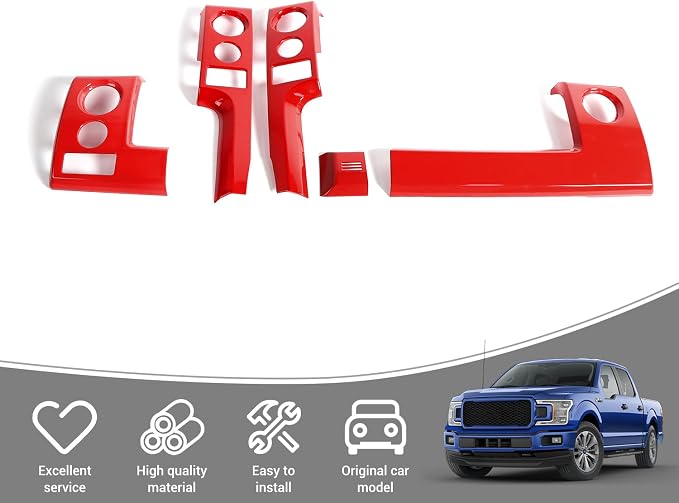 for F150 Interior Trim Kit Red, Dashboard Panel Cover Trim & Headlight Switch Bezel Cover Trim for Ford F150 2009-2014 Red Interior Accessories 5pcs