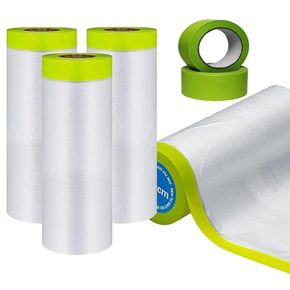 Painters Tape and Drape, 4 Rolls Automotive Painters Tape and Plastic Film, Paint Covering Roll for Cars and Auto Body (55in X 65-Feet)