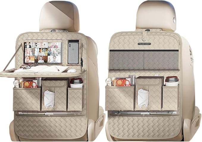 XDV Car Seat Organizers,Multi-functional Back Seat Protectors, Storage Pouches, and Tray Holders (for Cars, Kids, Seat Back and Rear Seats) (Woven Beige, 2 Pcs)