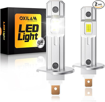 OXILAM H1 LED Light Bulb, 10X Brighter 6500K White, Anti-Flicker, 60,000Hrs Lifespan, Plug and Play, IP68, H1/H1LL Fog Compatible with Cars Trucks SUVs, Pack of 2