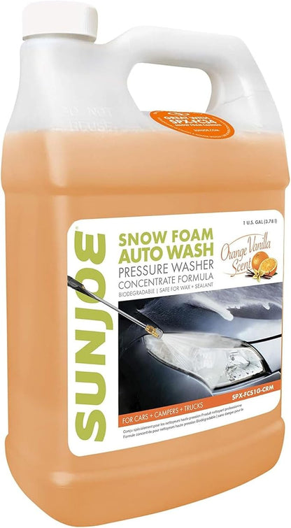 Sun Joe Snow Foam Car Wash Soap & Cleaner Concentrate, Orange Vanilla Scent, 1 Gallon - Cleaning Solution for Automotive Vehicles, Vinyl, Aluminum, Wood, & Brick Surfaces, SPX-FCS1G-COC