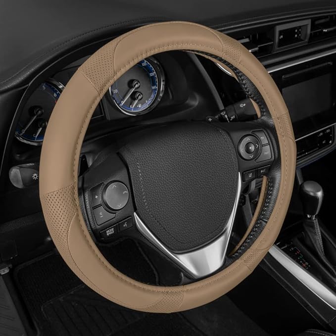 Motor Trend Perforated Microfiber Leather Steering Wheel Cover for Cars Trucks SUVs Vans, Sporty Racing Improved Grip Anti-Fatigue Ergonomic Design, Airbag Compatible - Fits Standard 15" Inch - Beige