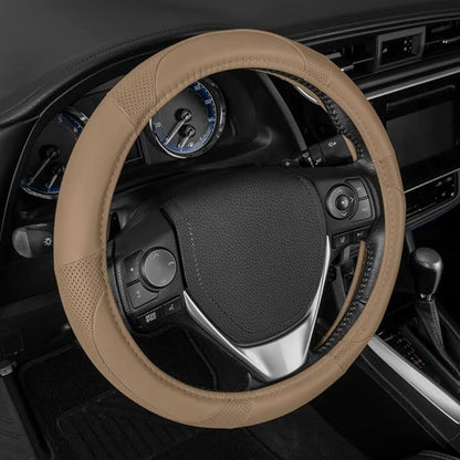 Motor Trend Perforated Microfiber Leather Steering Wheel Cover for Cars Trucks SUVs Vans, Sporty Racing Improved Grip Anti-Fatigue Ergonomic Design, Airbag Compatible - Fits Standard 15" Inch - Beige
