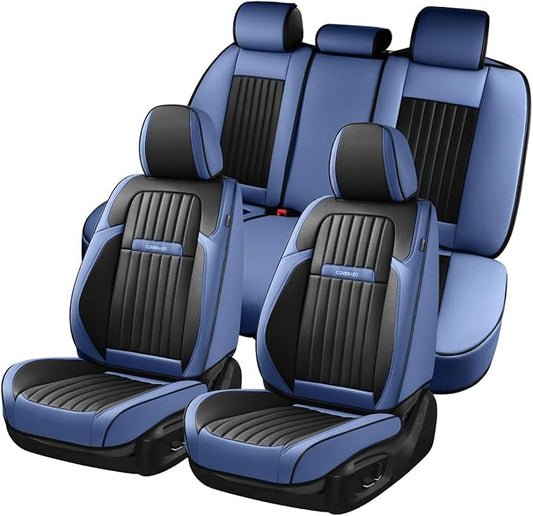 Coverado Car Seat Covers Full Set, Car Seat Protector Car Seat Cushion, Nappa Leather Seat Covers for Cars, Front and Back Seat Protectors Cushions Universal Fit for Most Cars Vehicles(Blue&Black)