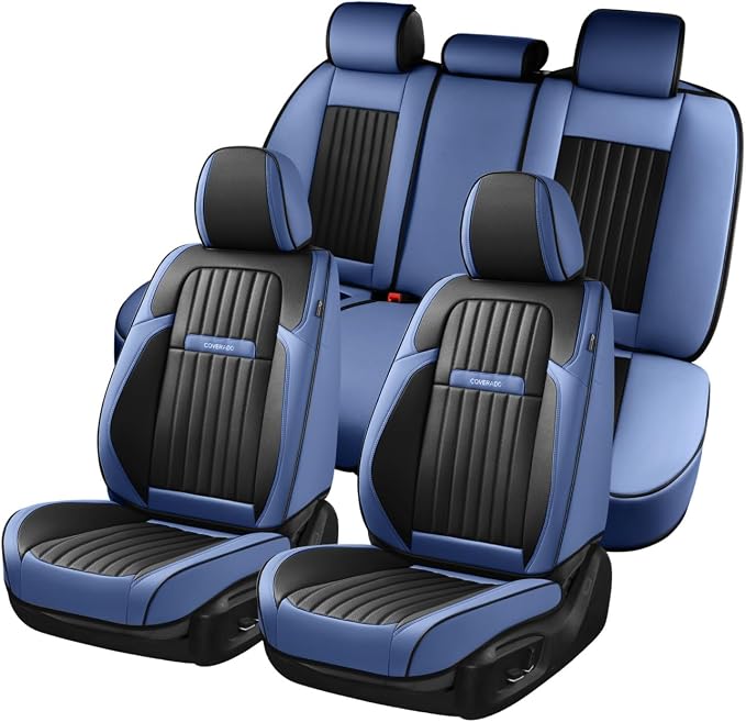 Coverado Car Seat Covers Full Set, Nappa Leather Seat Covers for Cars, Car Seat Cushion Car Seat Protector, Front and Back Seat Protectors Cushions Universal Fit for Most Cars Vehicles(Blue&Black)