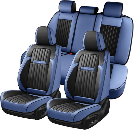 Coverado Car Seat Covers Full Set, Nappa Leather Seat Covers for Cars, Car Seat Cushion Car Seat Protector, Front and Back Seat Protectors Cushions Universal Fit for Most Cars Vehicles(Blue&Black)