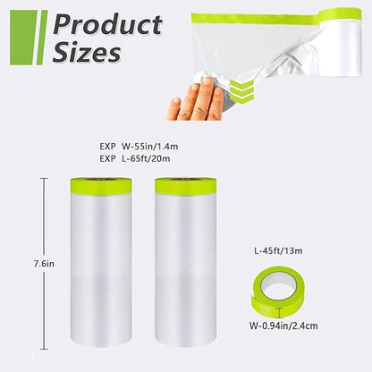 Pre-Taped Masking Film-55inx65ft Tape and Drape Painters Paper Rolls, Plastic Painting Film for Automotive Painting Covering （Masking Film:2rolls,Tape:1roll）