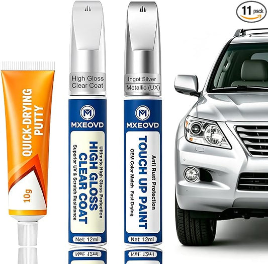 Ingot Silver Metallic UX Touch Up Paint Compatible with Ford, All in One Car Scratch Repair Kit with Primer Putty & Clear Coat, Complete Sanding Tools Set for Scratches Chips Nicks