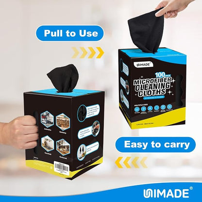 UNIMADE Microfiber Cleaning Cloth, 100 Sheets Microfiber Towels for Cars Commercial Grade Washcloths Lint-Free Bulk Shop Towel Cleaning Rags for Mechanic Restaurant Garage Housekeeping, 11"x 9", Black