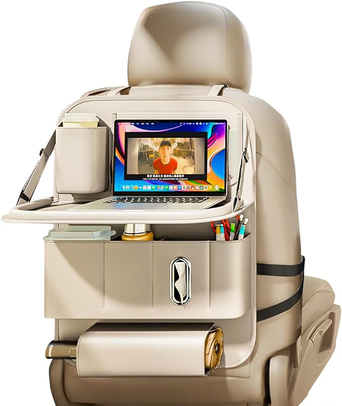 XDV Car Seat Organizers,Multi-functional Back Seat Protectors, Storage Pouches, Child kicking prevention and Tray Holders (for Cars, Kids, Seat Back and Rear Seats) (Beige, 1 Pcs)