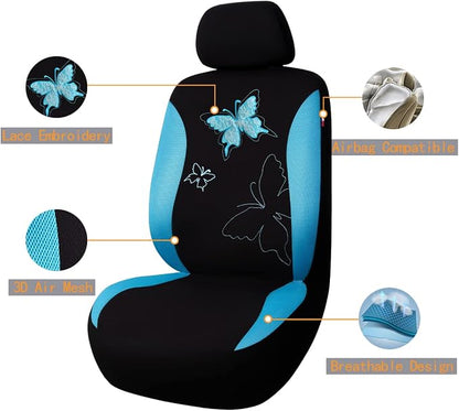 Flying Banner Butterfly car seat Covers ful Set Fashion Universal Lady Woman Female Rear Bench Split Colorized (Mint Blue, 2 Fronts - Lace)