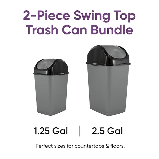 Superio Mini 1.25 Gallon and Small 2.5 Gallon Plastic Trash Cans with Swing Top Lid, Grey Waste Bin for Countertop, Desk, Vanity, Bathroom, 2 Pack (Grey/Black)