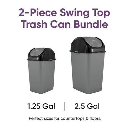 Superio Mini 1.25 Gallon and Small 2.5 Gallon Plastic Trash Cans with Swing Top Lid, Grey Waste Bin for Countertop, Desk, Vanity, Bathroom, 2 Pack (Grey/Black)