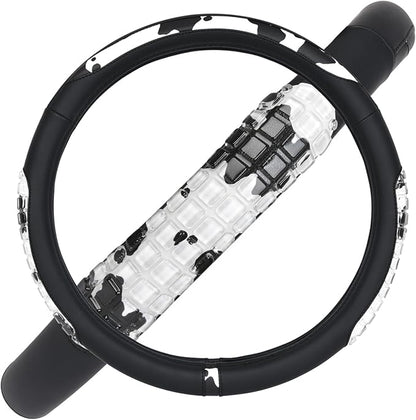 Flying Banner car Steering Wheel Cover Gel Massage Velvet Cool Warm Universal Size 15 inches SUV Truck Anti Slip Odorless Summer Winter (Black Cow Print, Gel Massage)