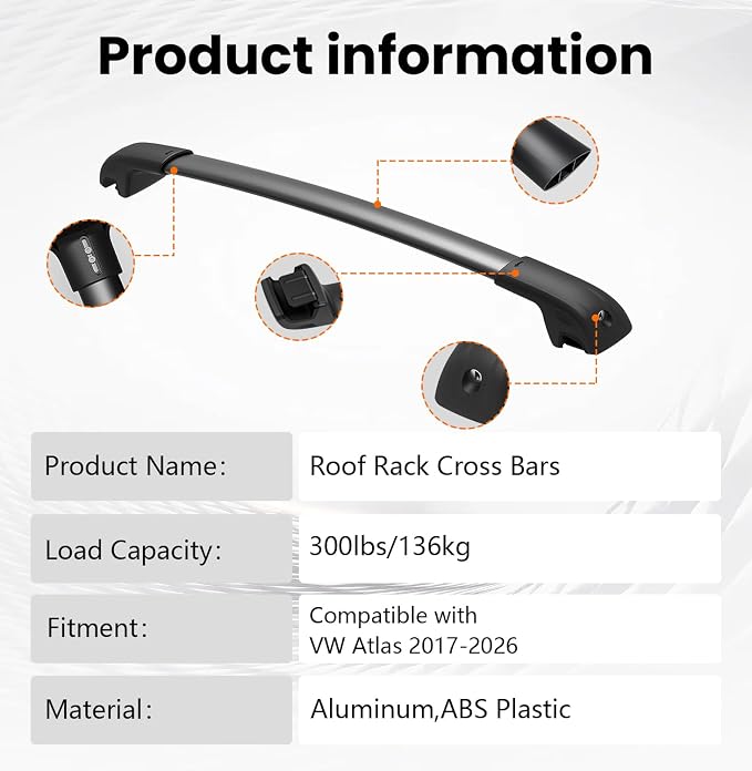 Lockbale 300lbs Roof Rack Cross Bars Fit for Volkswagen VW Atlas 2017-2026 (Not for Atlas Cross Sport), Heavy Duty Aluminum Roof Rails Crossbars Rooftop Cargo Bars Luggage Bike Kayak Racks