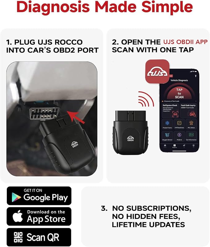 Rocco OBD2 Scanner Bluetooth for iOS Android, AI Diagnostic Tool for Car Repair, No Subscription Fee, AutoVIN, 45000+ Fault Codes, Check & Clear Engine Codes, Real-Time Data, Vehicles 1996+(Black)