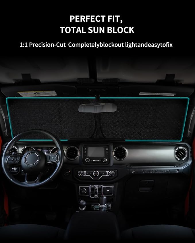 Weektic Windshield Sun Shade for Jeep Wrangler/Gladiator 2019-2021 2022 2023 2024 2025 2026, 5-Laer Ice Crystal Reflective & Heat Insulating Sunshade for Car Windshield | Silver Foldable Sun Blocker
