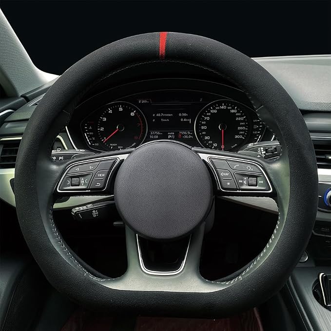 Carodi Suede Steering Wheel Cover ，Non-Slip Leather Car Interior Fitting 15-inch Universal（D-Shape,Black red Label）