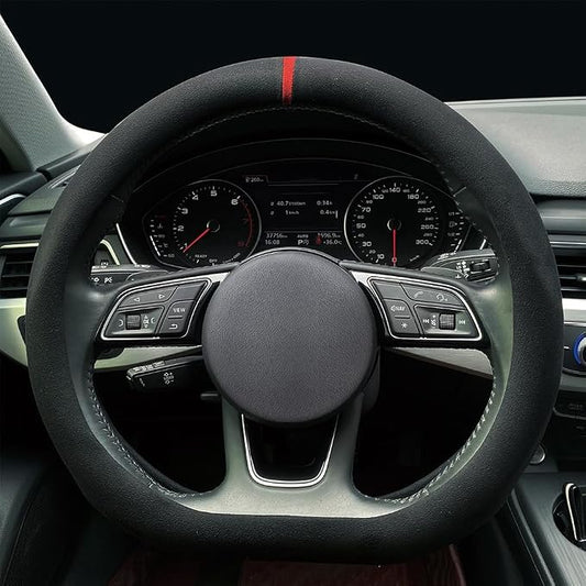 Carodi Suede Steering Wheel Cover ，Non-Slip Leather Car Interior Fitting 15-inch Universal（D-Shape,Black red Label）