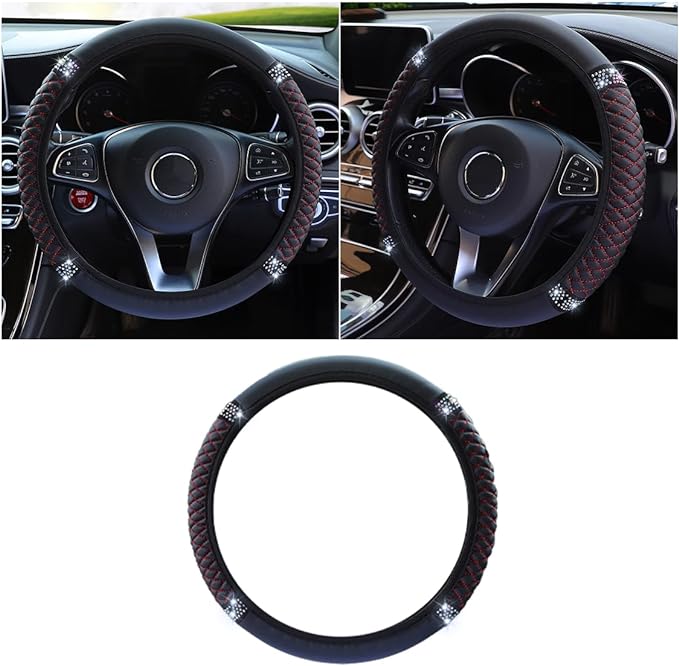 Bling Soft Leather Steering Wheel Cover, 15 Inch Colorful Rhinestones Auto Elastic Protector with Crystal Diamond for Women Girls, Car Accessories for Most Cars, SUVs (Black Red)