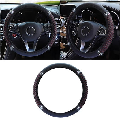 Bling Soft Leather Steering Wheel Cover, 15 Inch Colorful Rhinestones Auto Elastic Protector with Crystal Diamond for Women Girls, Car Accessories for Most Cars, SUVs (Black Red)