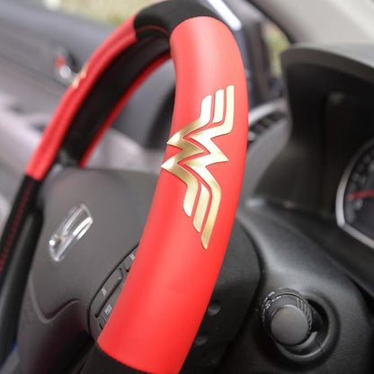BDK Wonder Woman Steering Wheel Cover - Synthetic Leather - Stars & Gold Logo - Fits All Standard Size Wheel 15 Inch, Model Number: WBSW-1904