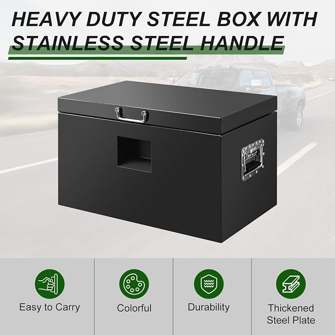 24" Truck Tool Box,Heacy Duty Metal Storage Organizer with Strong locking tongue,Trailer Tongue Box with Safe Hinge, for Truck,Pickup,RV,Garage,Best gift for family and friend,Black Power Coating