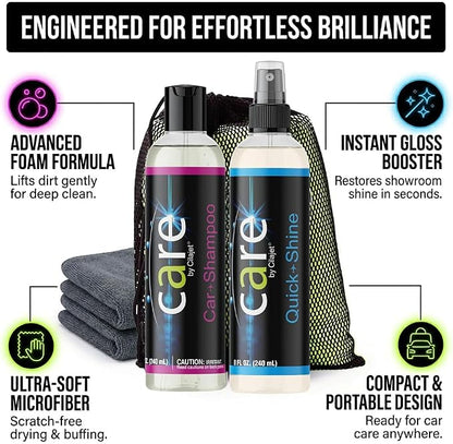 Travel Kit, Automotive Car Accessories and Cleaning Supplies, 4-Piece Set with Car Shampoo and Quick-Shine Polish, and 2 Microfiber Towels