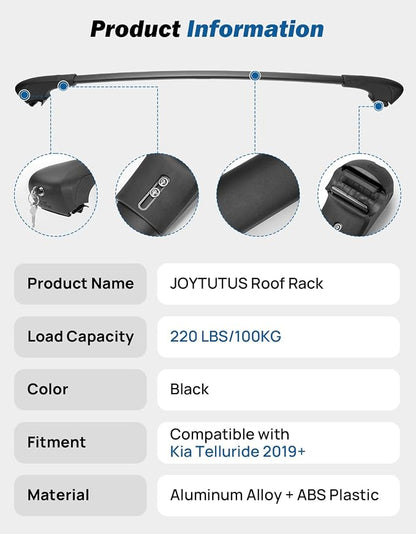 JOYTUTUS Lockable Roof Rack Cross Bars Compatible with Kia Telluride EX S SX SX-Prestige 2019-2026 (NOT FIT X-PRO X-LINE), Heavy Duty Aluminum Anti-Theft Roof Rails Crossbars Luggage Racks
