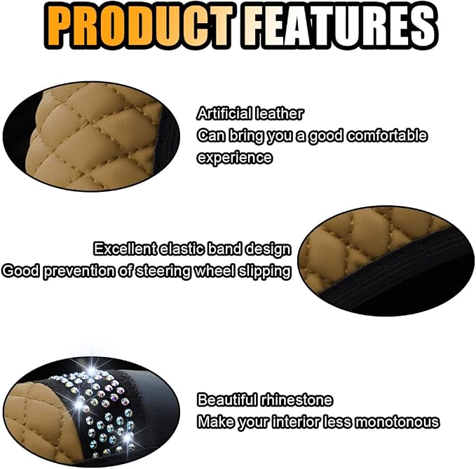 Bling Soft Leather Steering Wheel Cover, 15 Inch Colorful Rhinestones Auto Elastic Protector with Crystal Diamond for Women Girls, Car Accessories for Most Cars, SUVs (Beige)