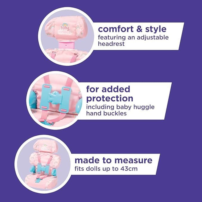 Casdon Baby Huggles Toys - Pink Booster Seat - Car Seat for Dolls with Adjustable Headrest & Buckles - Fits Dolls Sizes Up to 14" - Suitable for Preschool Toys - Playset for Children Aged 3+