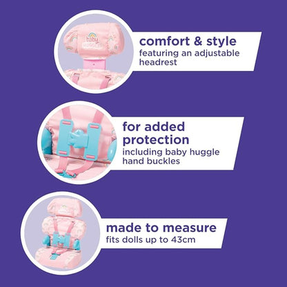 Casdon Baby Huggles Toys - Pink Booster Seat - Car Seat for Dolls with Adjustable Headrest & Buckles - Fits Dolls Sizes Up to 14" - Suitable for Preschool Toys - Playset for Children Aged 3+